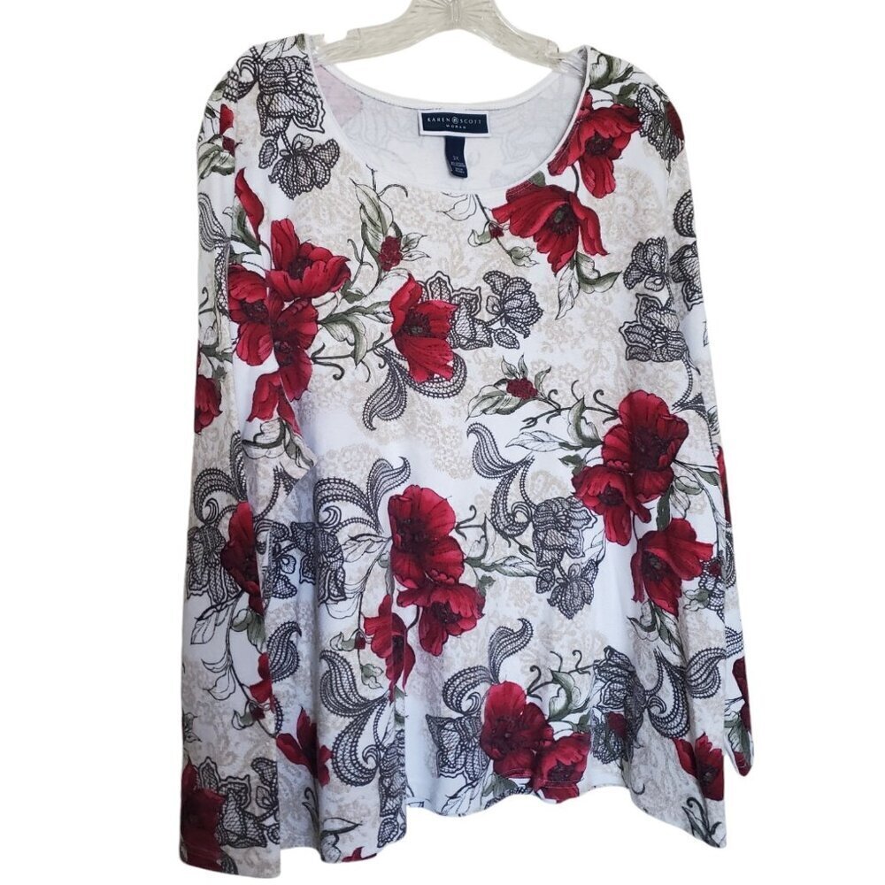 Karin Scott Woman Red Floral Pullover Long Sleeve Top 3X EUC